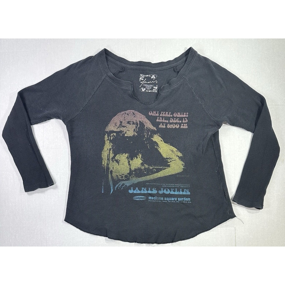 Flourish Janis Joplin Thermal Top Large Black Waffle Knit Womens Band Tee